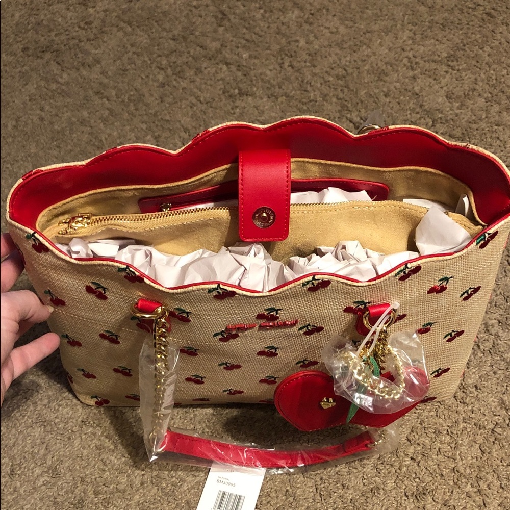 NWT-Betsey Johnson-Cherry🍒Embroidered-Large XO Tote-Woven Straw-Natural-$118 - Picture 10 of 16